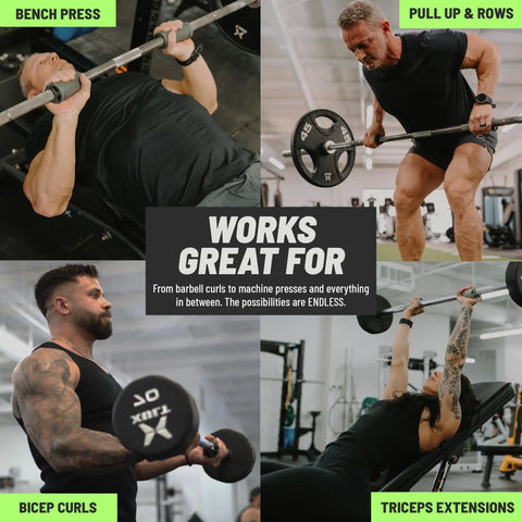 Collage showing Angled Barbell Grips Pro for Joint Support and Muscle Activation in use, including bench press, bicep curls, pull-ups, and tricep extensions
