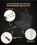 Fish And Veggie Grill Basket Set With Foldable Wooden Handle, Stainless Steel BBQ Grilling Basket For Outdoor Cooking, Great For Shrimp And Vegetables, Includes 50 Skewers, Silicone Brush, And Carry Bag with close-up on lock catch design and stainless steel material