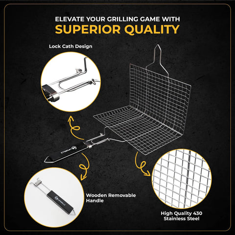Fish And Veggie Grill Basket Set With Foldable Wooden Handle, Stainless Steel BBQ Grilling Basket For Outdoor Cooking, Great For Shrimp And Vegetables, Includes 50 Skewers, Silicone Brush, And Carry Bag with close-up on lock catch design and stainless steel material