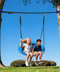 Children enjoying Backyard Slackline Swing Set With 40 Inch Saucer Swing Between Trees No Perfect Tree No Problem Easy Setup