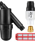 Drip Irrigation Backflow Preventer Kit With 25 PSI Pressure Regulator And Inline Y Filter Three Quarter Inch Garden Hose Thread FHT Connections kit components include backflow preventer, 25 PSI regulator, inline Y filter, and metal connector on white background.