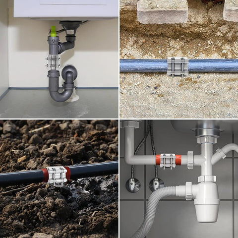 Upgraded Pipe Repair Clamp With M1 Self-Adhesive Leak-Sealing Tape installed on various pipe types in different environments