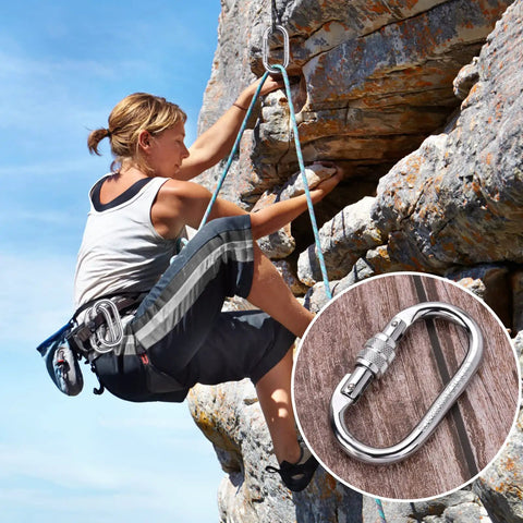 Climber using Ultra Strong Carabiner Clips O Shaped Screwgate 25kN 5600Lbs 2 Pack Heavy Duty Locking Carabiners on rock face.
