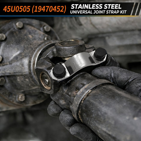 Installing Stainless Steel Universal Joint Strap Kit With Bolts For Rear Driveshaft Replacement on GM 3R U-joint