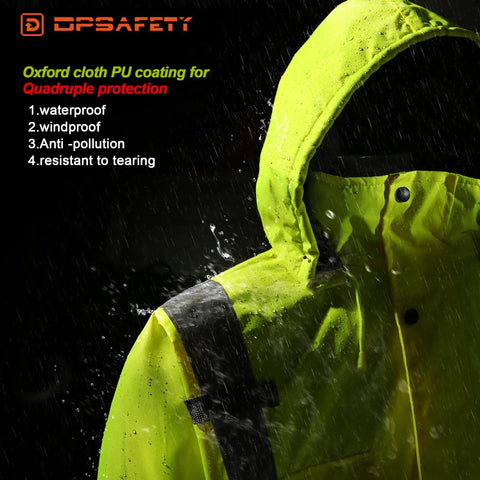 Mens Top Shelf High Visibility Reflective Jacket Waterproof Winter Work Parka Built Like A Tank Ansi Class 3. Close-up of hood and water resistance.