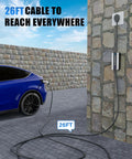 Tesla Compatible Level 2 EV Charger 40 Amp 240V with 26 ft cable connected to vehicle, wall-mounted NEMA 14-50 plug