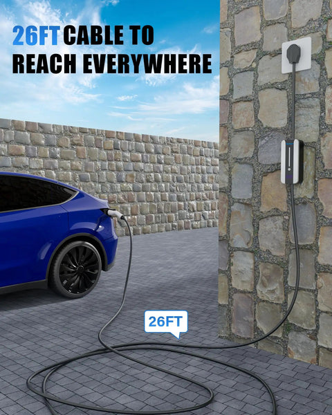 Tesla Compatible Level 2 EV Charger 40 Amp 240V with 26 ft cable connected to vehicle, wall-mounted NEMA 14-50 plug