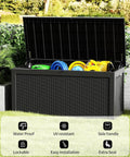 Monster Size Outdoor Storage Box 320 Gallon Lockable Resin Deck Box Weatherproof Patio Storage Bin with open lid in garden setting.