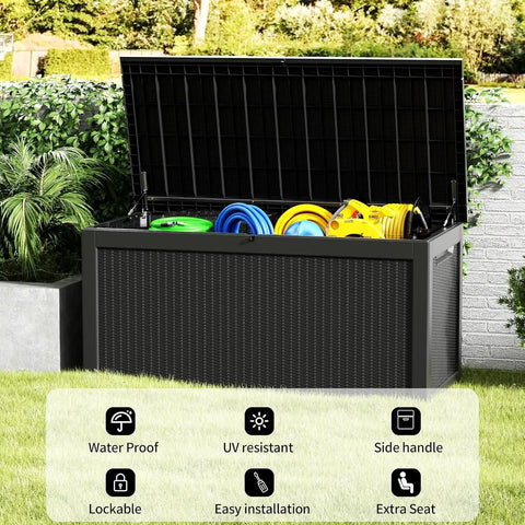 Monster Size Outdoor Storage Box 320 Gallon Lockable Resin Deck Box Weatherproof Patio Storage Bin with open lid in garden setting.