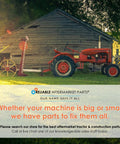 Antique red tractor beside wooden barn under tree, showcasing reliable aftermarket parts availability.