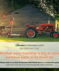 Vintage red tractor in front of a barn with farm equipment at Reliable Aftermarket Parts store.