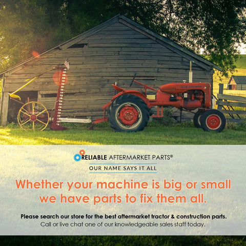Vintage red tractor beside a wooden barn, Reliable Aftermarket Parts slogan overlay