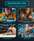 Four images showing the 95 In 1 Mini Electric Screwdriver Kit With Rechargeable Cordless Power Handy Pocket Tool used on gadgets.