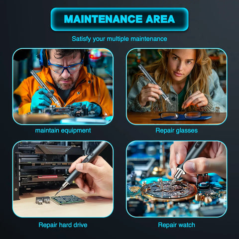 Four images showing the 95 In 1 Mini Electric Screwdriver Kit With Rechargeable Cordless Power Handy Pocket Tool used on gadgets.