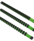 Aluminum Socket Organizer Rail Set For 1/2, 3/8, And 1/4 Drives - Green Garage Must-Have showing three green rails