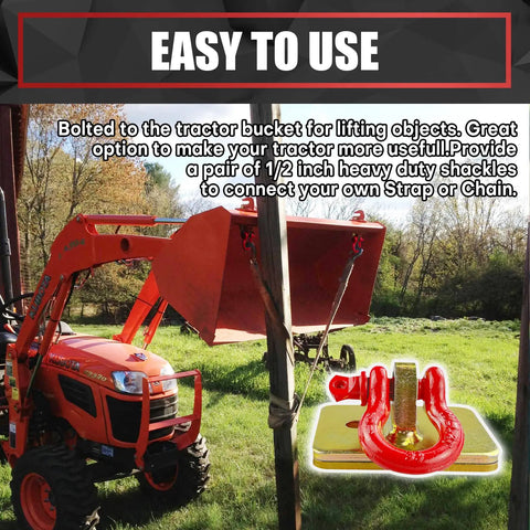 Bull Tough 2 Piece Tractor Bucket Grab Hooks With Half Inch D Ring Shackles And Reinforced Mount Plate For Loader Chain Riggin Up Heavy Loads Yard Work Gold And Red, mounted on tractor bucket.