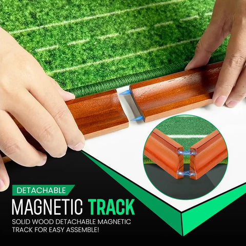Hands assembling magnetic track on Indoor Putting Green With Auto Ball Return Pro Grade True Roll Mat At 10-11 Stimp Dual Precision Holes