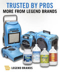 Assortment of Legend Brands equipment and cleaning products, including dehumidifiers and cleaning solutions, displayed on a white background.