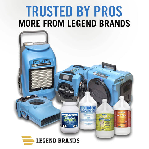 Assortment of Legend Brands equipment and cleaning products, including dehumidifiers and cleaning solutions, displayed on a white background.
