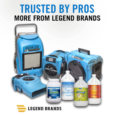 Legend Brands industrial air filtration systems and cleaning solutions with DrizAir 1200 dehumidifier and various cleaning products.