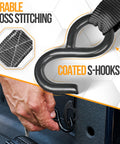 Close-up of Beefy Heavy Duty Ratchet Strap Set 1650 Lb Break Strength with S-hook and cross-stitching details in use