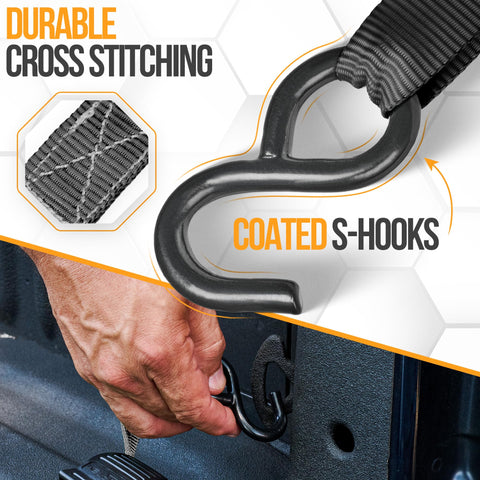 Close-up of Beefy Heavy Duty Ratchet Strap Set 1650 Lb Break Strength with S-hook and cross-stitching details in use