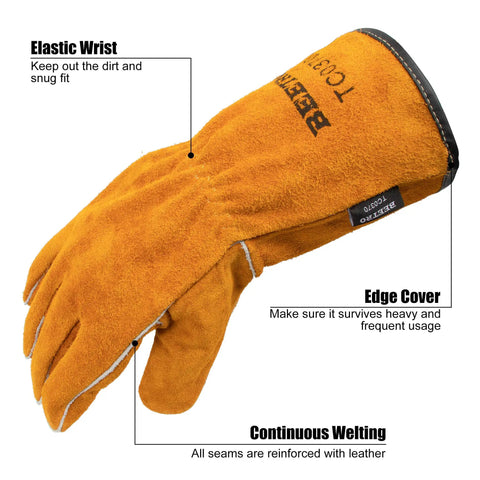 Heavy Duty Cowhide Welding Gloves For Forge MIG And Stick Welding Heat Resistant Mitts with elastic wrist and edge cover