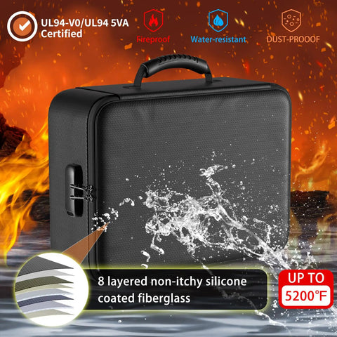 Go To Fireproof Document Bag With Lock 5200F Heat Resistant Safe Storage For Important Documents Passports And Laptop 8 Layer Insulated File Organizer Portable Home Travel Safe Water Resistant Black shown against fiery background demonstrating fireproof and water-resistant features with a handle and lock.