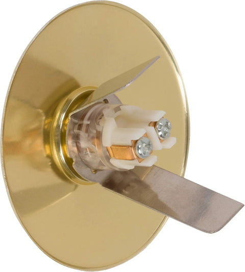 Back view of lit stucco pushbutton doorbell button with gold rim pearl button, 5/8 inch diameter, 2-1/2 inch gold anodized aluminum plate