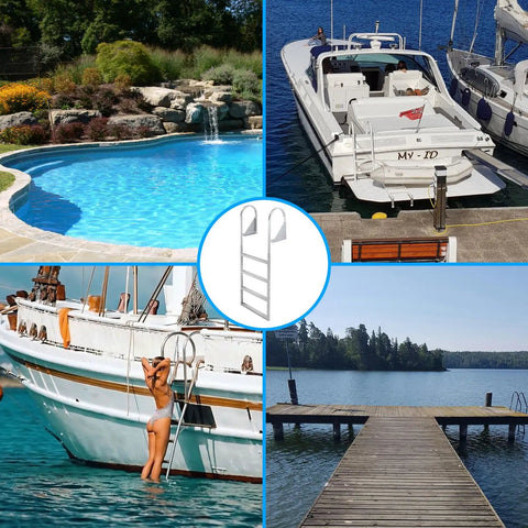 Flip Up Dock Ladder With Wide Non Slip Steps And Marine Grade Aluminum, Heavy Duty 3 Step Boat Ladder For Pontoon Lake Or Pool, Quick Release Hinge For No Sweat Boarding Year Round by pool and boats.