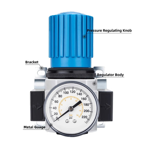 Front view of Heavy Duty 1/2 In NPT High Pressure Air Regulator With Steel Protected Gauge, showing pressure knob and metal gauge.