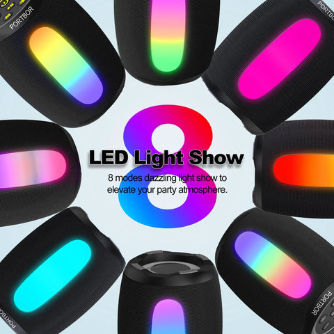 Various Portable Bluetooth Speaker With Loud Stereo Sound And Beastly Bass, 8 LED Light Modes displayed in a circle formation
