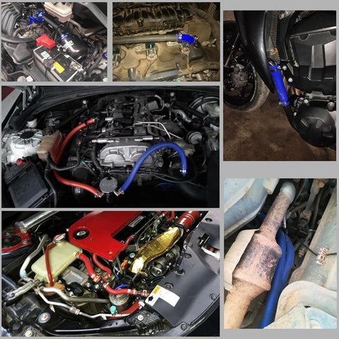 Collage of cars with Reinforced Silicone Vacuum Heater Hose Half Inch ID, 3.3 Feet Long, 101 PSI, 392 Fahrenheit Max, installed in engines