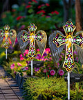 Solar Glass Cross Garden Stake Light With Angel Wings And Stained Glass Look No Fuss Dusk To Dawn Outdoor Cemetery Path Lamp