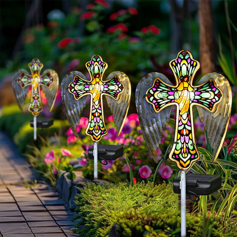 Solar Glass Cross Garden Stake Light With Angel Wings And Stained Glass Look No Fuss Dusk To Dawn Outdoor Cemetery Path Lamp
