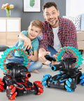 Child and adult playing with Remote Control Foam Dart Tank That Shoots Darts, Includes 16 Foam Darts, RC Stunt Vehicle For Kids Aged 7 To 11, Battle Ready Nerf Compatible, Sick Mini Wheel Design, Easy Maneuver, Red.