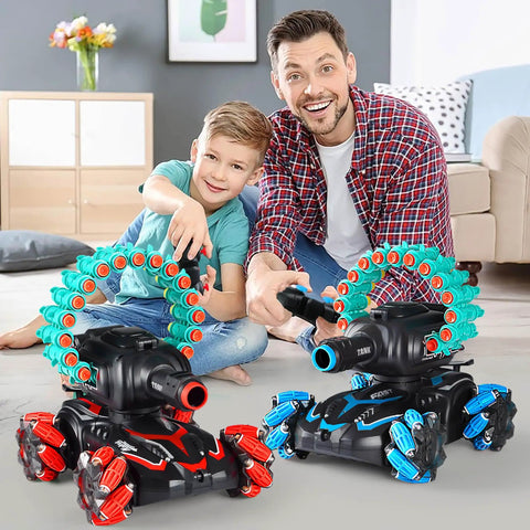 Child and adult playing with Remote Control Foam Dart Tank That Shoots Darts, Includes 16 Foam Darts, RC Stunt Vehicle For Kids Aged 7 To 11, Battle Ready Nerf Compatible, Sick Mini Wheel Design, Easy Maneuver, Red.