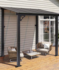 Premium Aluminum Top Gazebo With Wall Mount For Outdoor Living 8 By 5 Feet Pergola With Polycarbonate Panels Sloped Roof Lean To Shade Structure Built To Last For Backyard Porch Or Deck Wind Resistant Easy Setup installed on deck with chairs underneath.