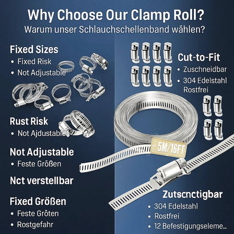 Front view of hose clamp kit, 304 stainless steel, cut-to-fit 16 ft strap with 12 fasteners