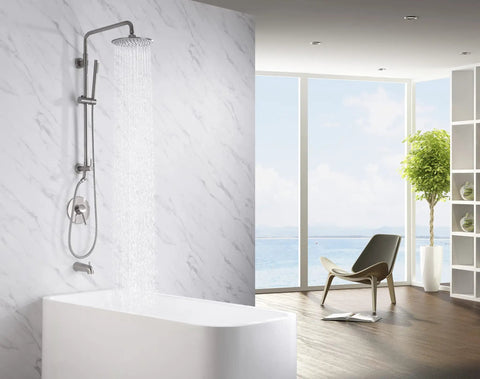 Brushed Nickel Retrofit Shower System With 9 Inch Rain Shower Head Drill Free Install in modern bathroom setting