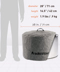 All Season Weatherproof Round Fire Pit Cover With Beefed Up Aluminum Reinforcement And PVC Coated Polyester Shield For Yukon Fire Pit And Accessories shown with dimensions and silhouette for scale