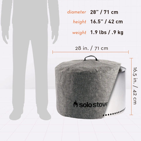 All Season Weatherproof Round Fire Pit Cover With Beefed Up Aluminum Reinforcement And PVC Coated Polyester Shield For Yukon Fire Pit And Accessories shown with dimensions and silhouette for scale