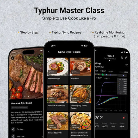 Sync Gold Gen2 Sub 1G Wireless Meat Thermometer With 6 Sensors And LCD Display For Precise Cooking Ultra Reliable Sub 1 GHz Signal Faster Temps Easy Setup And Hands Free Monitoring For Stove Or Grill app screens