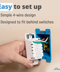 Hand holding Plus Wall Dimmer UL WiFi Smart Dimmer Switch With Bluetooth Gateway showing 4-wire setup, easy installation