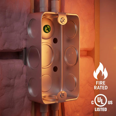 Built Like A Tank 4X2 Inch Galvanized Steel Junction Boxes 10 Pack Heavy Duty Metal Outlet Enclosures installed in wall insulation.