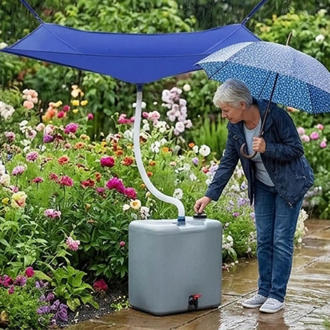 Person using Rainwater Collection System With Hose, Water Storage Bag And Roof Drain Fitting Tarp For Lawn, Garden, Balcony, Camping And Greenhouse