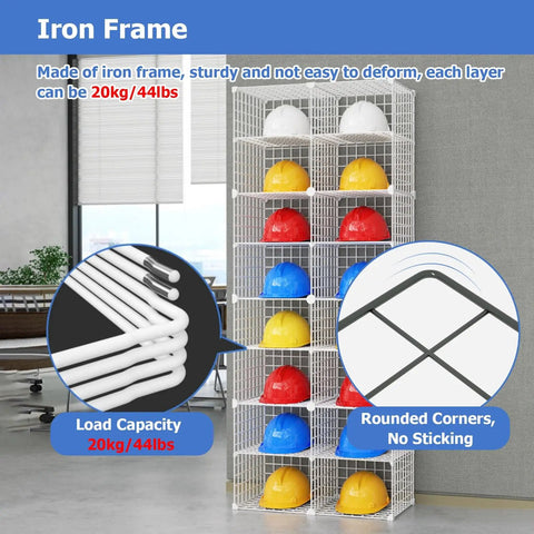 Heavy Duty Helmet Storage Box On Wheels Adjustable Stackable Hard Hat Organizer For Garage Workshop And Job Site 32 Grids 8 Layers Floor Standing Display Shelf with various helmets