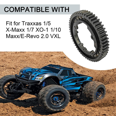 Beefy Hardened Steel 54T Spur Gear 1 Mod And 18T Pinion Upgrade Kit with Traxxas RC car and compatible models listed.