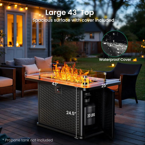 43 Inch Rectangular Propane Fire Pit Table With 60,000 BTU Heat For Backyard Hangouts, premium gas fireplace glowing