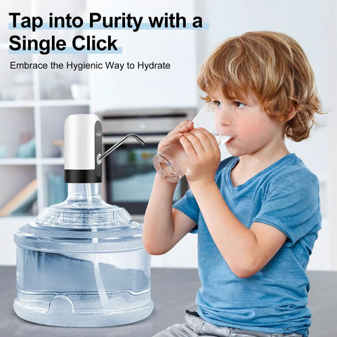 Child using 5 Gallon Water Bottle Dispenser with USB Charging Pump for Camping and Home Use, featured on large water bottle.